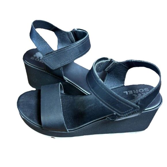 Sorel Cameron Wedge Sandal Women’s Size 10 Black Leather Classic Espadrille - Picture 2 of 12